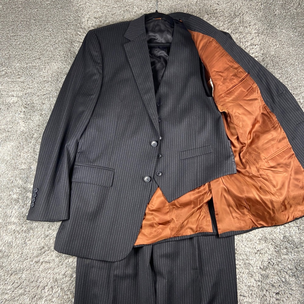 Jos A Bank 3 Piece Suit Men 41R Blazer Waistcoat 35x30 Pant Black Pinstripe Wool
